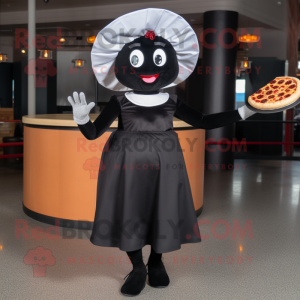Black Pizza mascot costume character dressed with a Skirt and Gloves