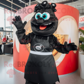 Black Pizza mascot costume character dressed with a Skirt and Gloves