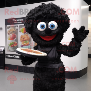 Black Pizza mascot costume character dressed with a Skirt and Gloves