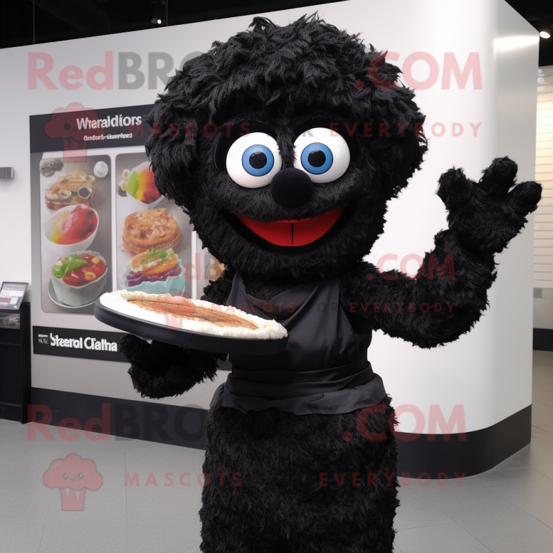 Black Pizza mascot costume character dressed with a Skirt and Gloves Black Pizza mascot costume character dressed with a Skirt and Gloves