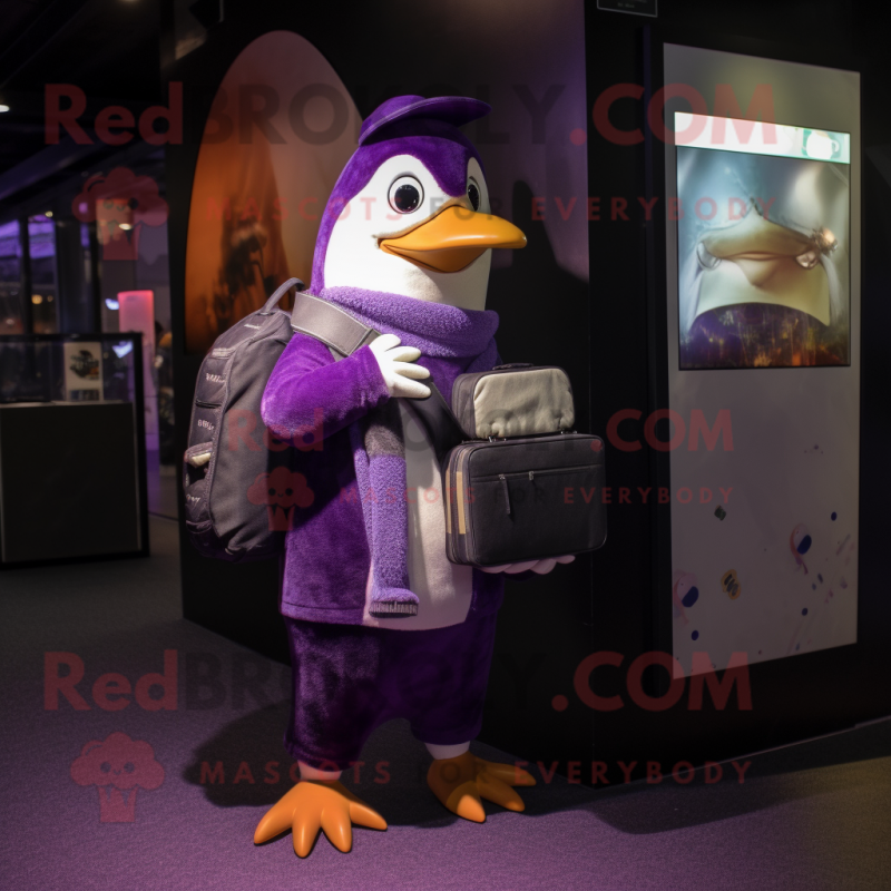 Purple Penguin mascot costume character dressed with a Cardigan and Wallets