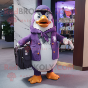 Purple Penguin mascot costume character dressed with a Cardigan and Wallets