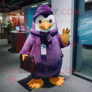 Purple Penguin mascot costume character dressed with a Cardigan and Wallets