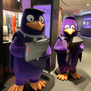 Purple Penguin mascot costume character dressed with a Cardigan and Wallets