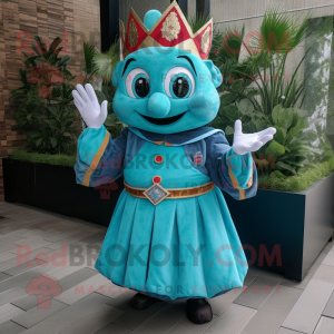 Turquoise Queen mascot costume character dressed with a Polo Tee and Wraps