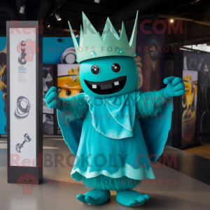 Turquoise Queen mascot costume character dressed with a Polo Tee and Wraps