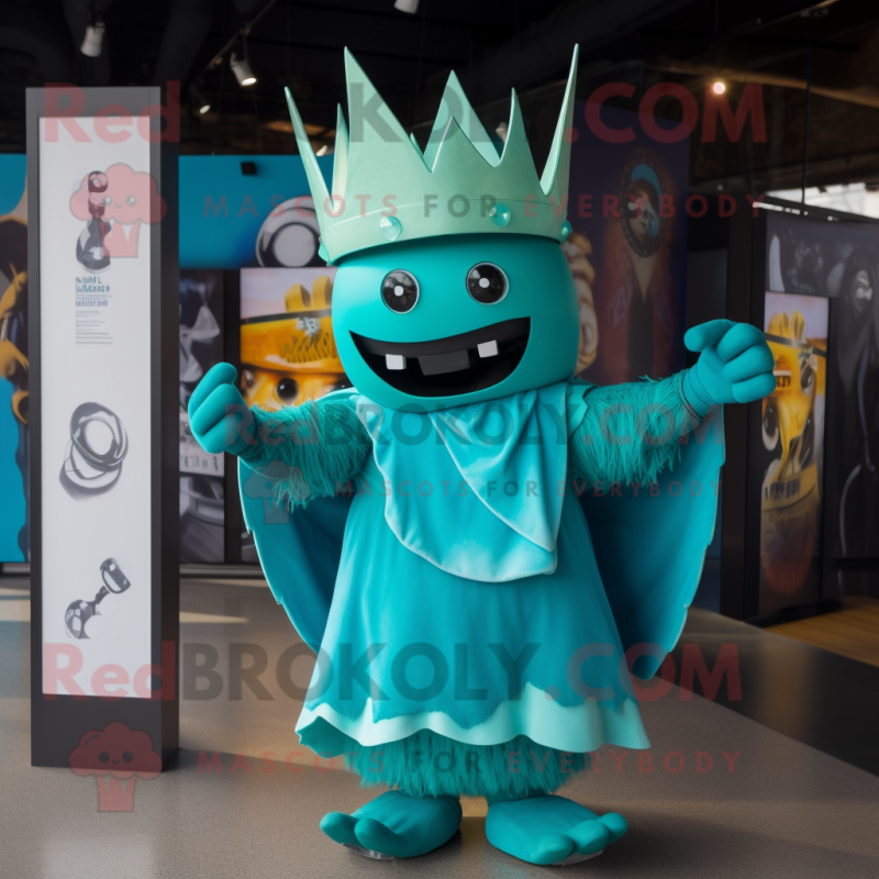 Turquoise Queen mascot costume character dressed with a Polo Tee and Wraps