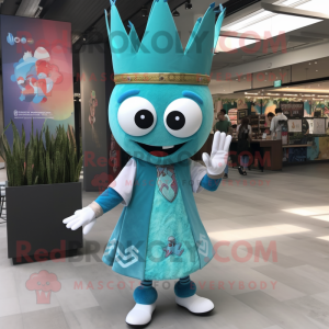 Turquoise Queen mascot costume character dressed with a Polo Tee and Wraps