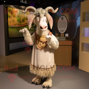 Tan Goat mascot costume character dressed with a Maxi Skirt and Shoe clips