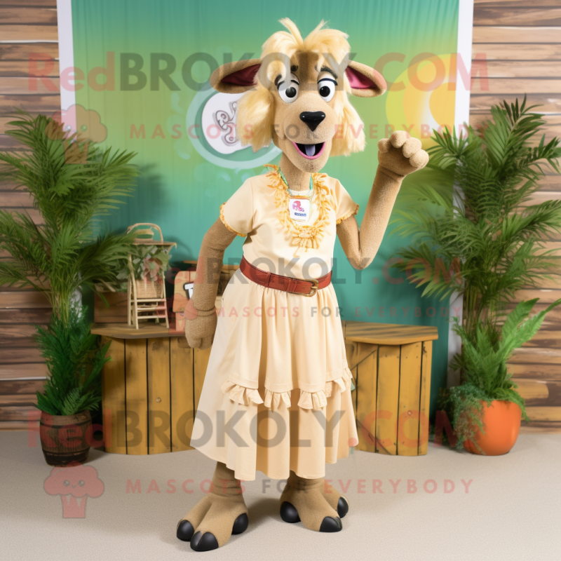 Tan Goat mascot costume character dressed with a Maxi Skirt and Shoe clips