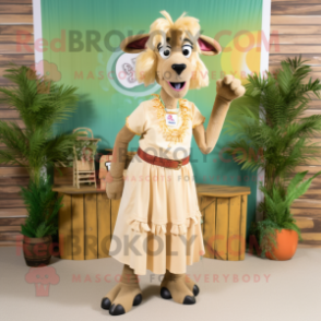 Tan Goat mascot costume character dressed with a Maxi Skirt and Shoe clips