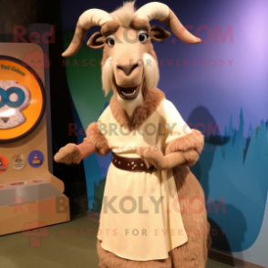 Tan Goat mascot costume character dressed with a Maxi Skirt and Shoe clips