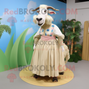 Tan Goat mascot costume character dressed with a Maxi Skirt and Shoe clips