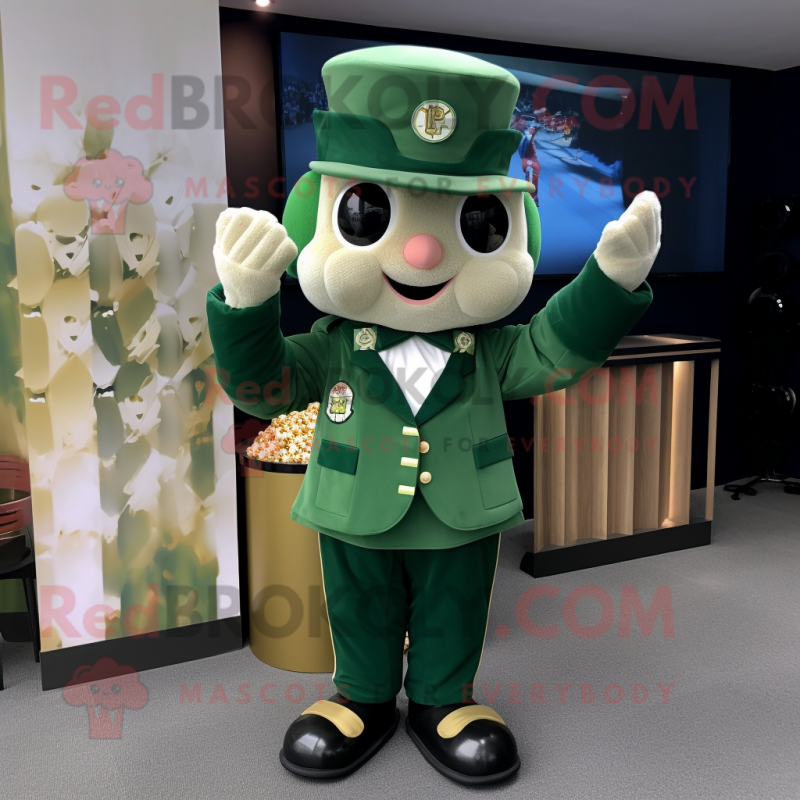 Forest Green Pop Corn mascot costume character dressed with a Vest and Berets Forest Green Pop Corn mascot costume character dressed with a Vest and Berets