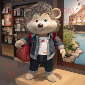Black Hedgehog mascot costume character dressed with a Jeans and Pocket squares