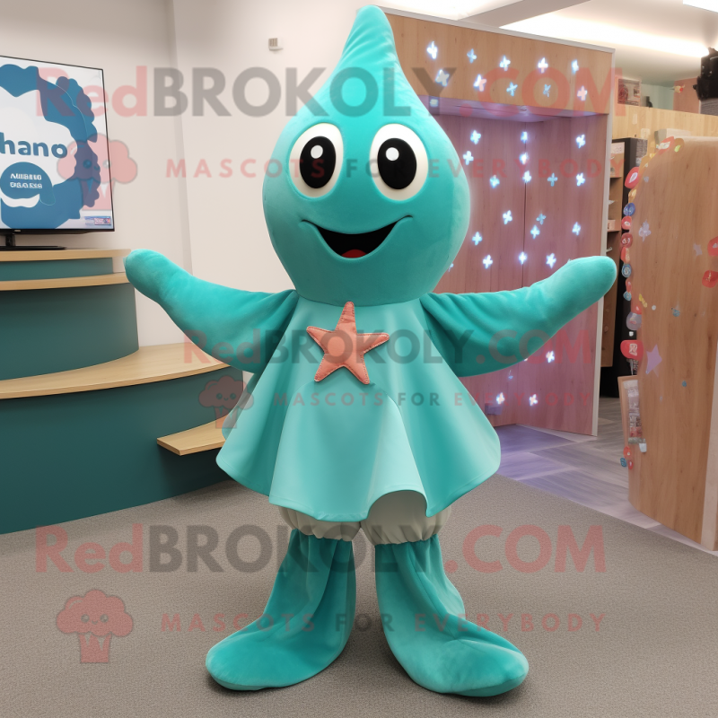 Teal Starfish mascot costume character dressed with a Circle Skirt and Scarves