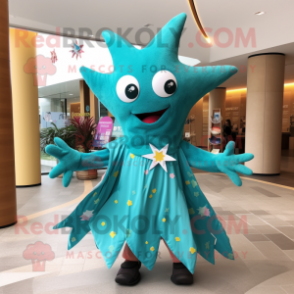 Teal Starfish mascot costume character dressed with a Circle Skirt and Scarves