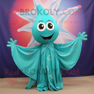 Teal Starfish mascot costume character dressed with a Circle Skirt and Scarves