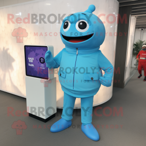 Sky Blue Beef Stroganoff mascot costume character dressed with a Turtleneck and Smartwatches