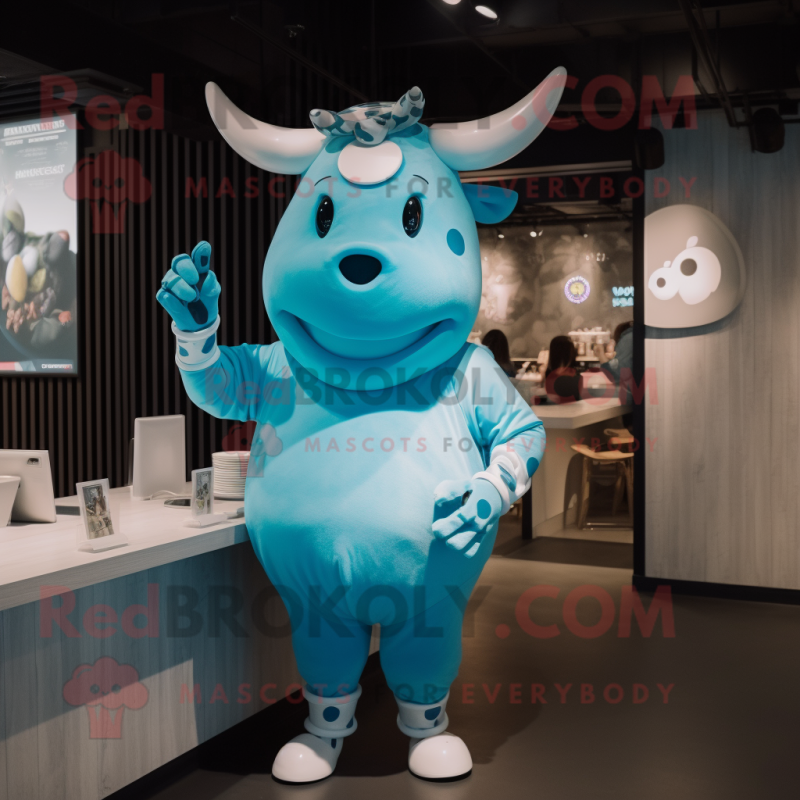 Sky Blue Beef Stroganoff mascot costume character dressed with a Turtleneck and Smartwatches Sky Blue Beef Stroganoff mascot costume character dressed with a Turtleneck and Smartwatches