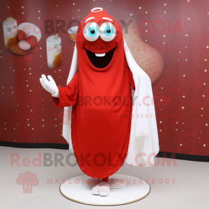 Red Shakshuka mascot costume character dressed with a Wedding Dress and Shoe laces