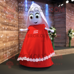 Red Shakshuka mascot costume character dressed with a Wedding Dress and Shoe laces