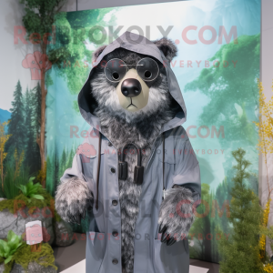 Gray Spectacled Bear mascot costume character dressed with a Raincoat and Headbands