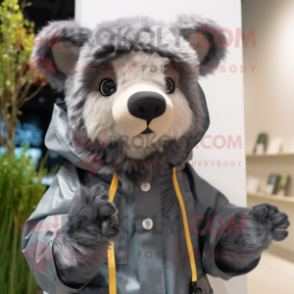 Gray Spectacled Bear mascot costume character dressed with a Raincoat and Headbands