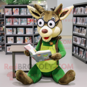 Olive Deer mascot costume character dressed with a Overalls and Reading glasses