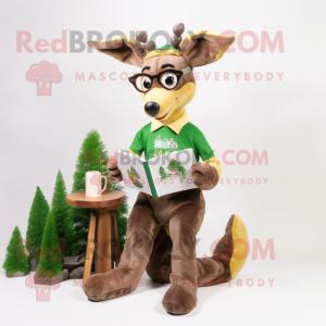Olive Deer mascot costume character dressed with a Overalls and Reading glasses