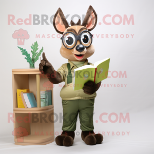 Olive Deer mascot costume character dressed with a Overalls and Reading glasses