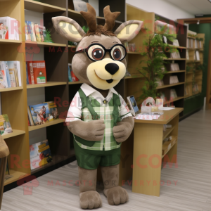 Olive Deer mascot costume character dressed with a Overalls and Reading glasses