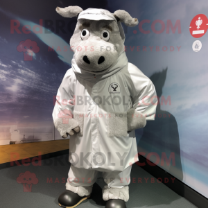 Silver Beef Stroganoff mascot costume character dressed with a Windbreaker and Cummerbunds