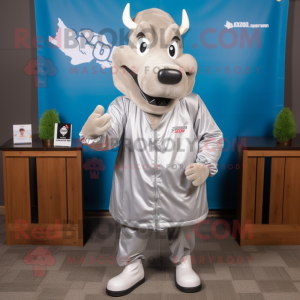 Silver Beef Stroganoff mascot costume character dressed with a Windbreaker and Cummerbunds