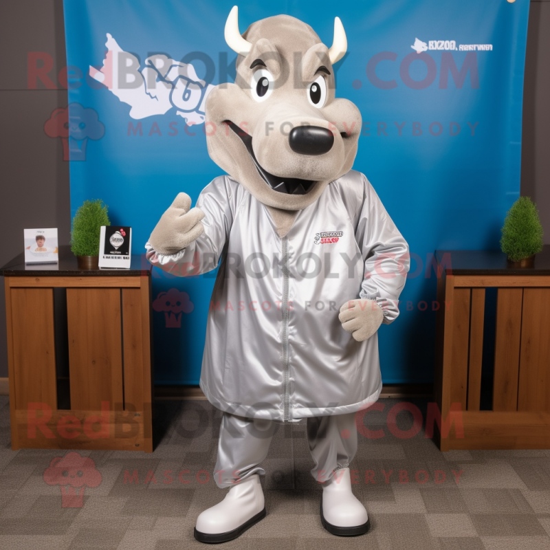 Silver Beef Stroganoff mascot costume character dressed with a Windbreaker and Cummerbunds Silver Beef Stroganoff mascot costume character dressed with a Windbreaker and Cummerbunds