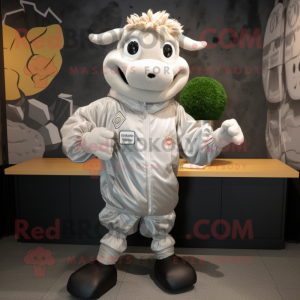 Silver Beef Stroganoff mascot costume character dressed with a Windbreaker and Cummerbunds