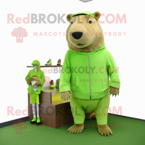 Lime Green Capybara mascot costume character dressed with a Long Sleeve Tee and Coin purses