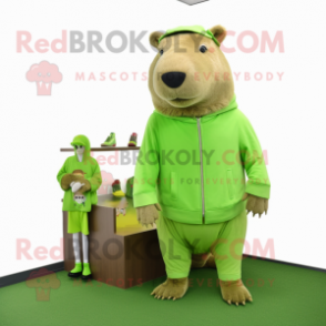 Lime Green Capybara mascot costume character dressed with a Long Sleeve Tee and Coin purses