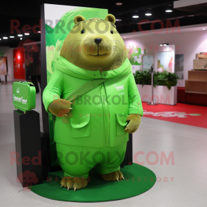 Lime Green Capybara mascot costume character dressed with a Long Sleeve Tee and Coin purses