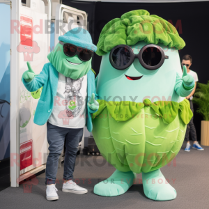 Cyan Corned Beef And Cabbage mascot costume character dressed with a Cardigan and Sunglasses