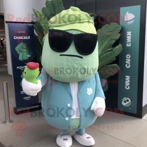 Cyan Corned Beef And Cabbage mascot costume character dressed with a Cardigan and Sunglasses