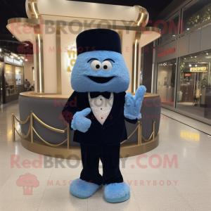 Blue Fried Rice mascot costume character dressed with a Tuxedo and Shawl pins