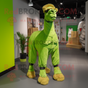 Lime Green Camel mascot costume character dressed with a Bootcut Jeans and Shoe laces