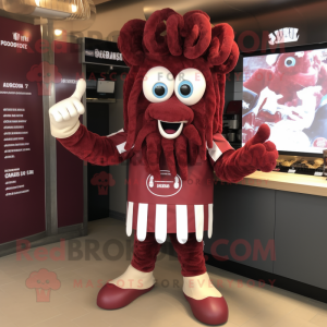 Maroon Fried Calamari mascot costume character dressed with a Rugby Shirt and Headbands