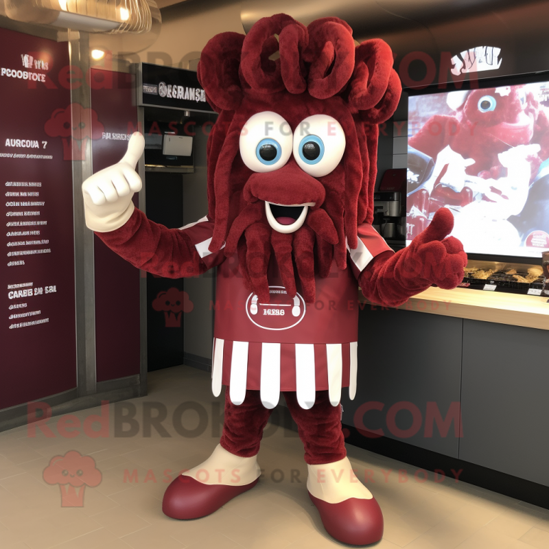 Maroon Fried Calamari mascot costume character dressed with a Rugby Shirt and Headbands Maroon Fried Calamari mascot costume character dressed with a Rugby Shirt and Headbands