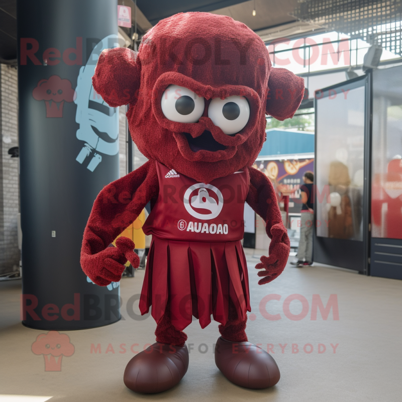 Maroon Fried Calamari mascot costume character dressed with a Rugby Shirt and Headbands