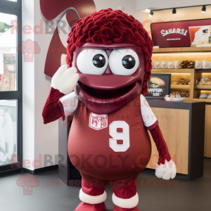 Maroon Fried Calamari mascot costume character dressed with a Rugby Shirt and Headbands