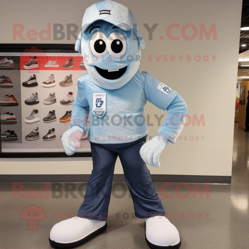 Silver Ice mascot costume character dressed with a Chambray Shirt and Shoe laces Silver Ice mascot costume character dressed with a Chambray Shirt and Shoe laces