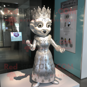 Silver Queen mascot costume character dressed with a A-Line Dress and Lapel pins