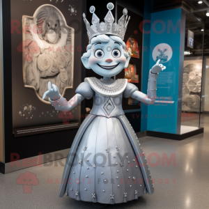 Silver Queen mascot costume character dressed with a A-Line Dress and Lapel pins